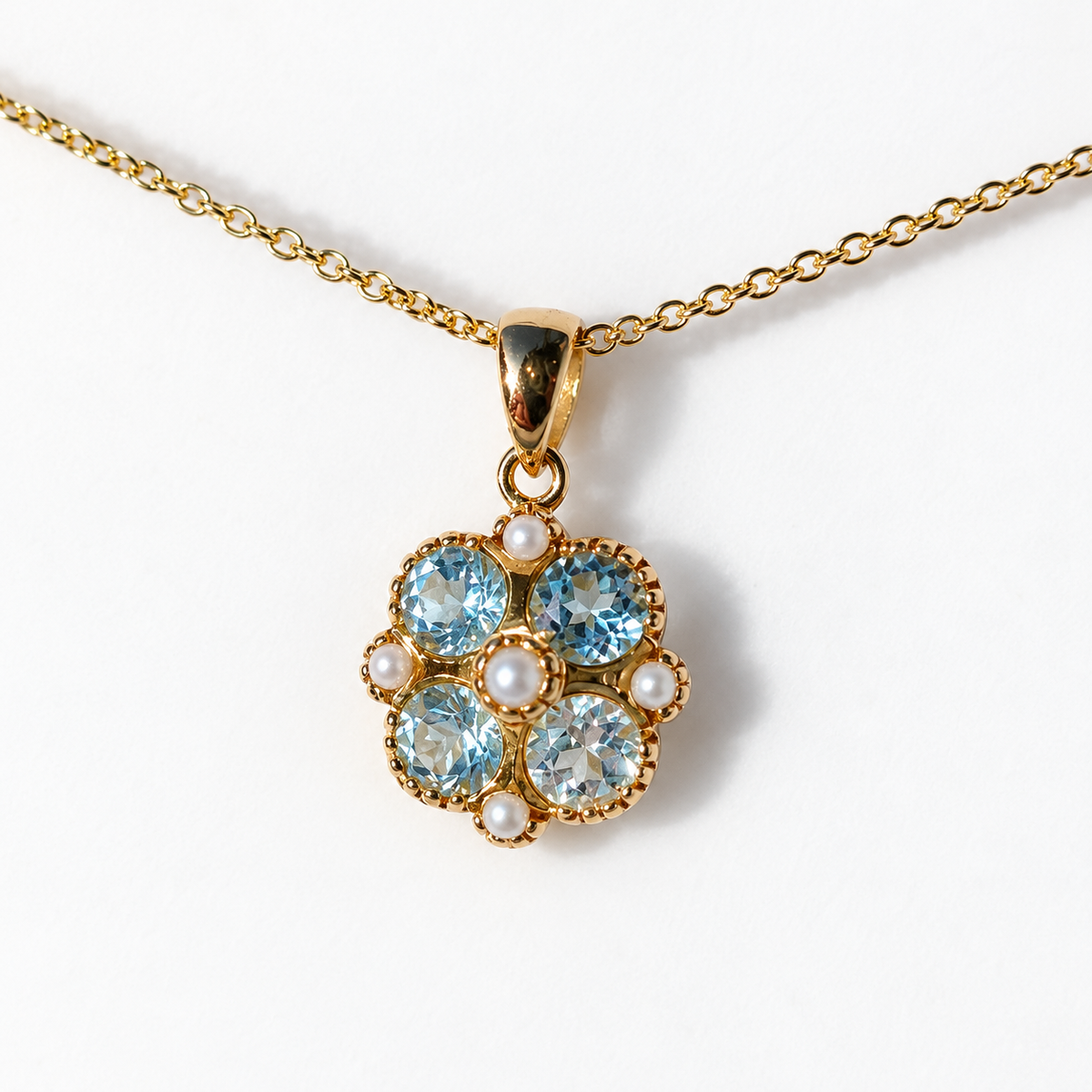 Aquamarine and Seed Pearl 9ct Yellow Gold Necklace