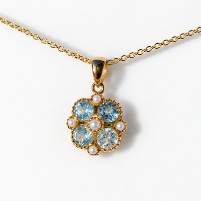 Aquamarine and Seed Pearl 9ct Yellow Gold Necklace