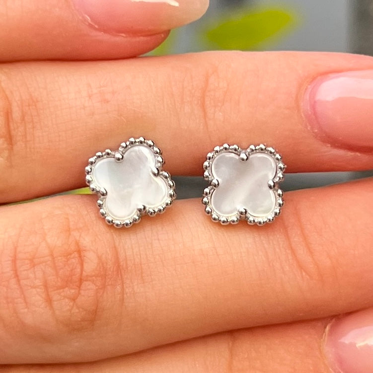 Sterling Silver White Mother of Pearl Clover Stud Earrings