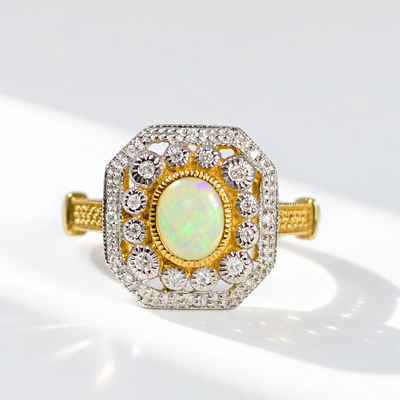 Art Deco Inspired Octagonal Opal and Diamond 9ct Yellow Gold Cluster Ring | Size O