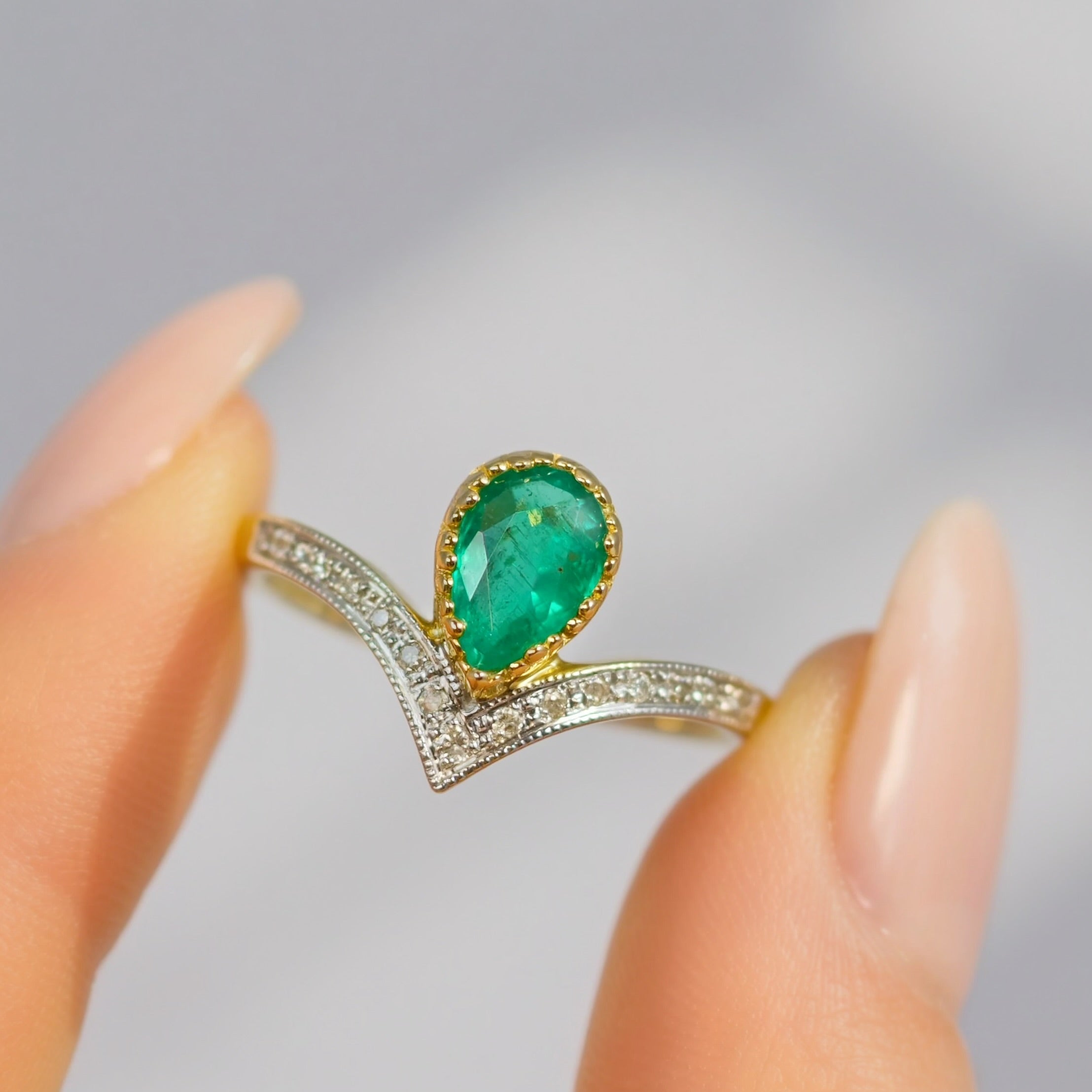 'The Ariel' Emerald and Diamond 9ct Yellow Gold Wishbone Ring | Size N ½