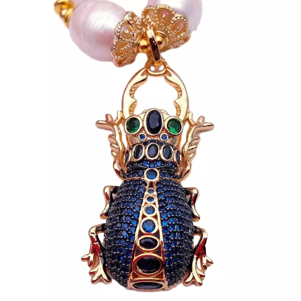 Pre-Order | Blue Pave Scarab Beetle Pearl 18ct Gold Plated Necklace