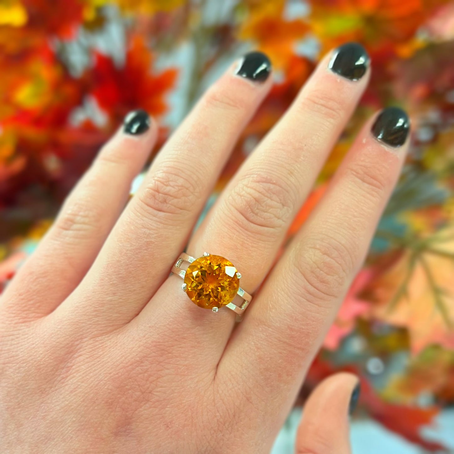 Incredible Sterling Silver Round Madeira Citrine Ring - Size M