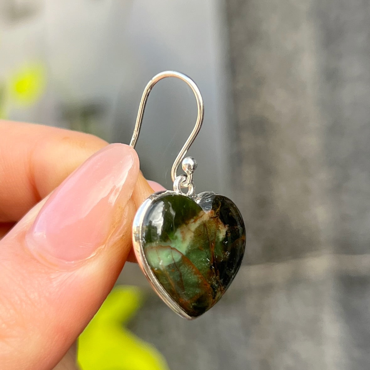 Sterling Silver Green Agate Heart Drop Earrings