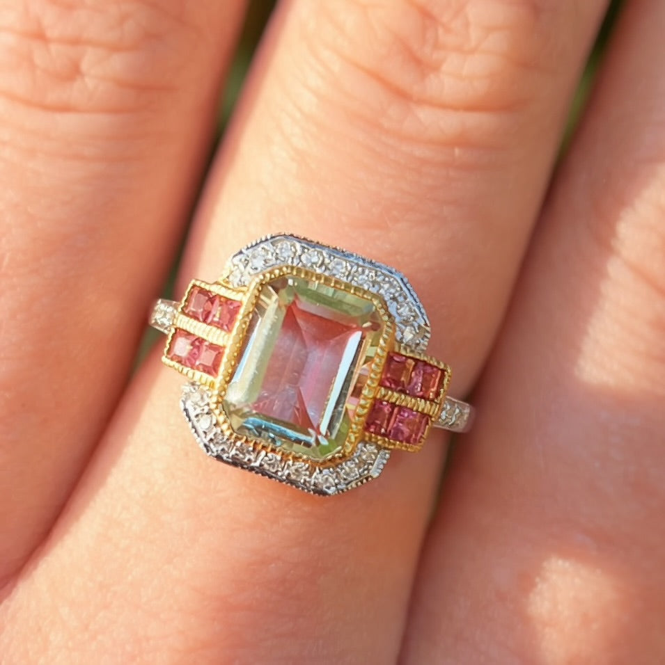RESERVED | Art Deco Inspired Green Amethyst and Pink Tourmaline 9ct Yellow Gold Ring | Size O ½