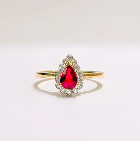 Dainty 18ct Yellow Gold Pear Shaped Red Ruby and Diamond Engagement Ring - Size M