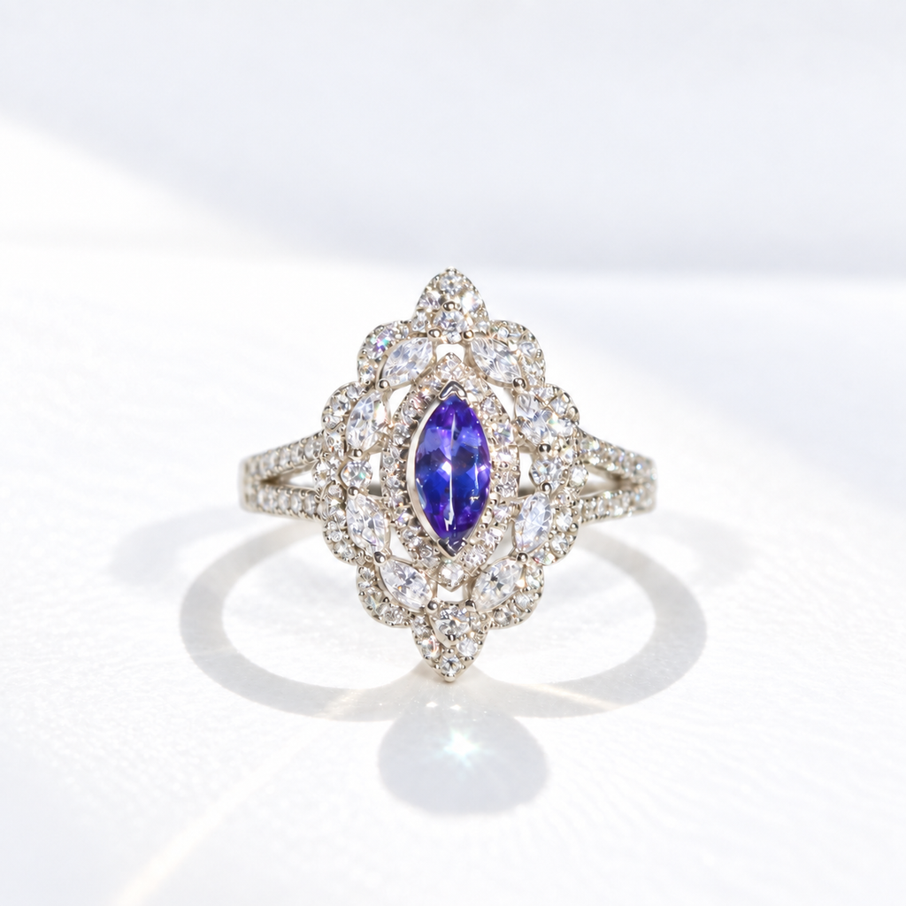 'The Victoria' Marquise Tanzanite and Diamond 18ct White Gold Ring | Size O