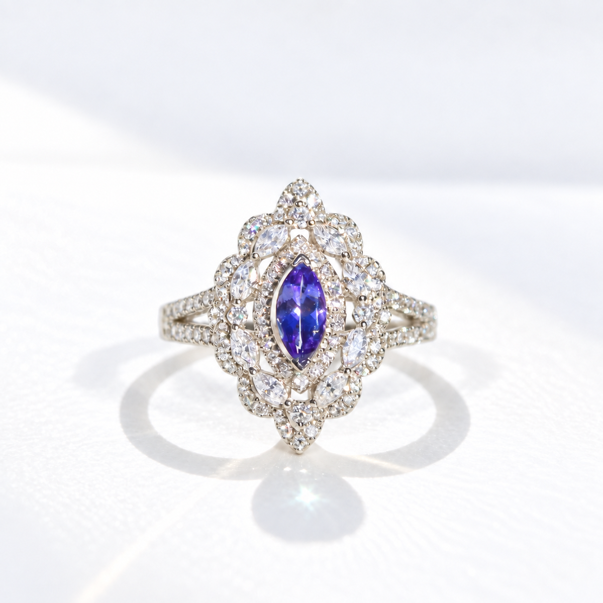 'The Victoria' Marquise Tanzanite and Diamond 18ct White Gold Ring | Size O