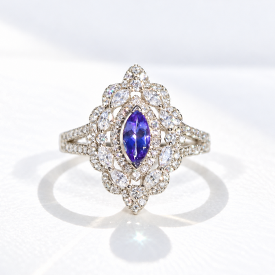 'The Victoria' Marquise Tanzanite and Diamond 18ct White Gold Ring | Size O