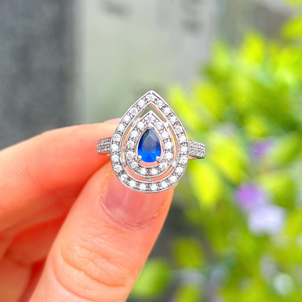 Blue Cubic Zirconia Sterling Silver Pear Shape Double Halo Ring | Size N