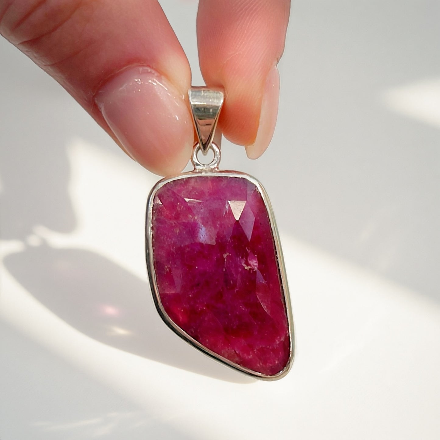 Unusual Sterling Silver Irregular Shaped Ruby Necklace