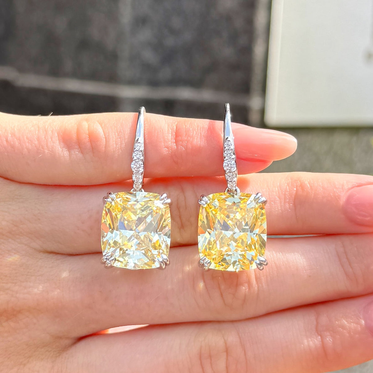 Lemon Yellow Square Cut Cubic Zirconia Sterling Silver Drop Earrings