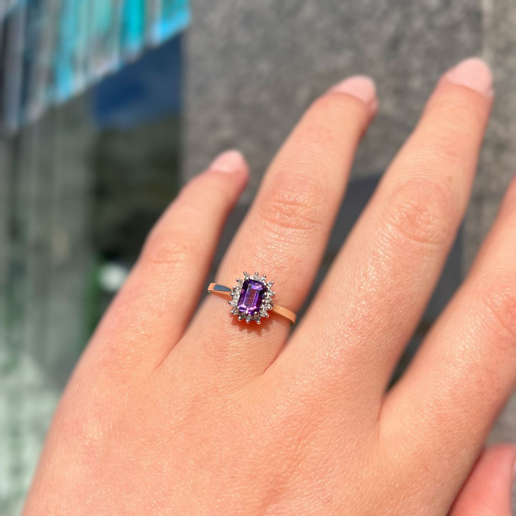 Vintage Emerald Cut Amethyst and Diamond 9ct Yellow Gold Halo Cluster Ring | Size K