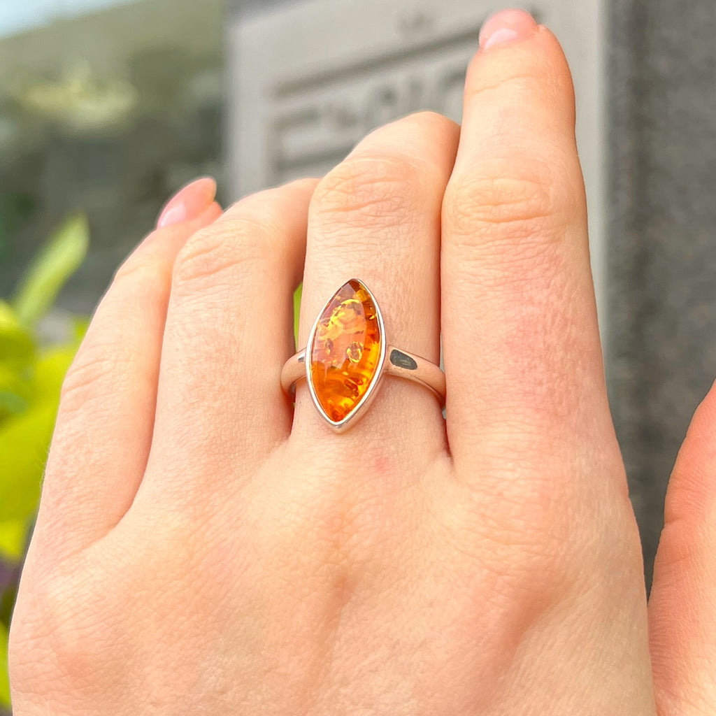 Orange Amber Sterling Silver Marquise Cut Ring | Size M