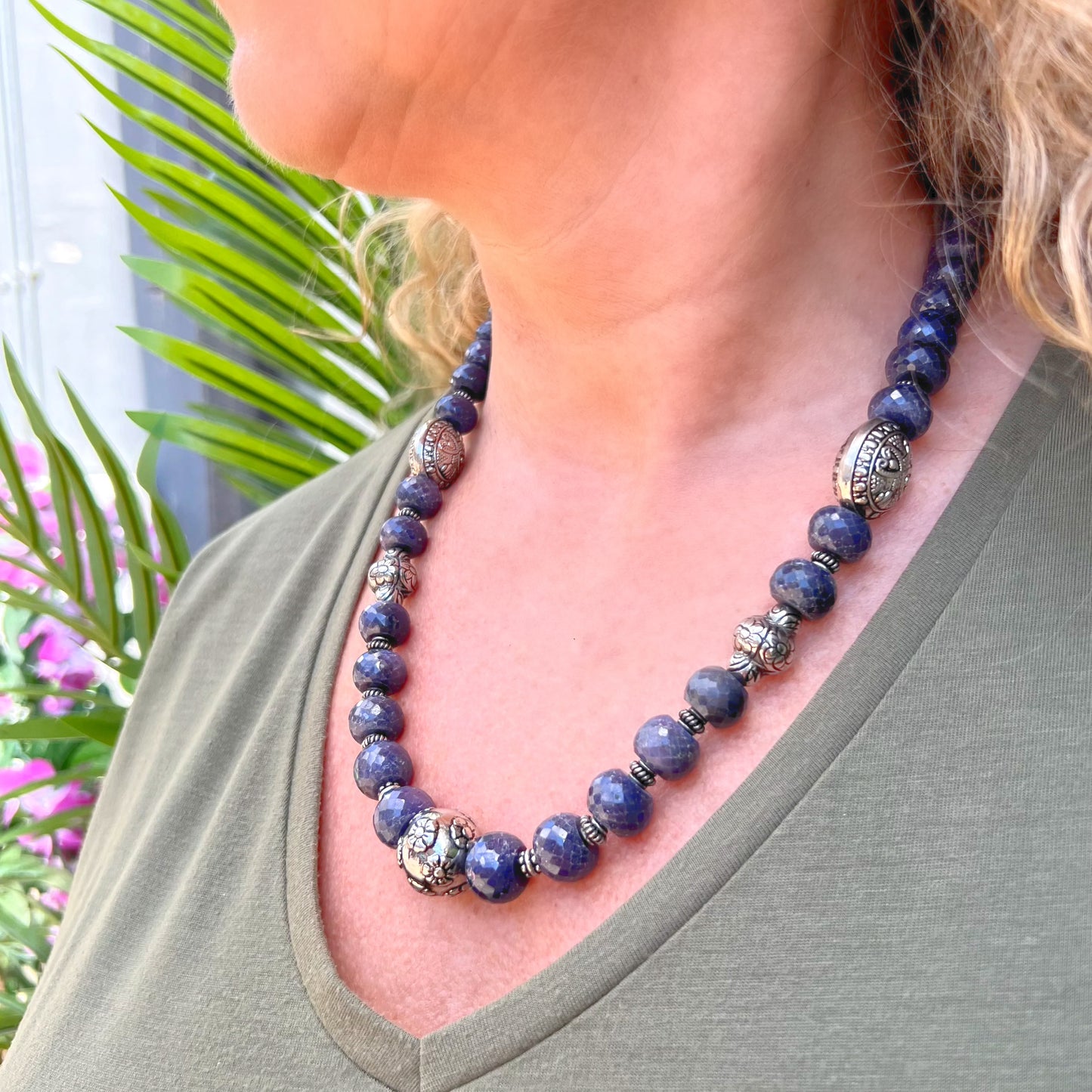 Sterling Silver Blue Sapphire Beaded Necklace