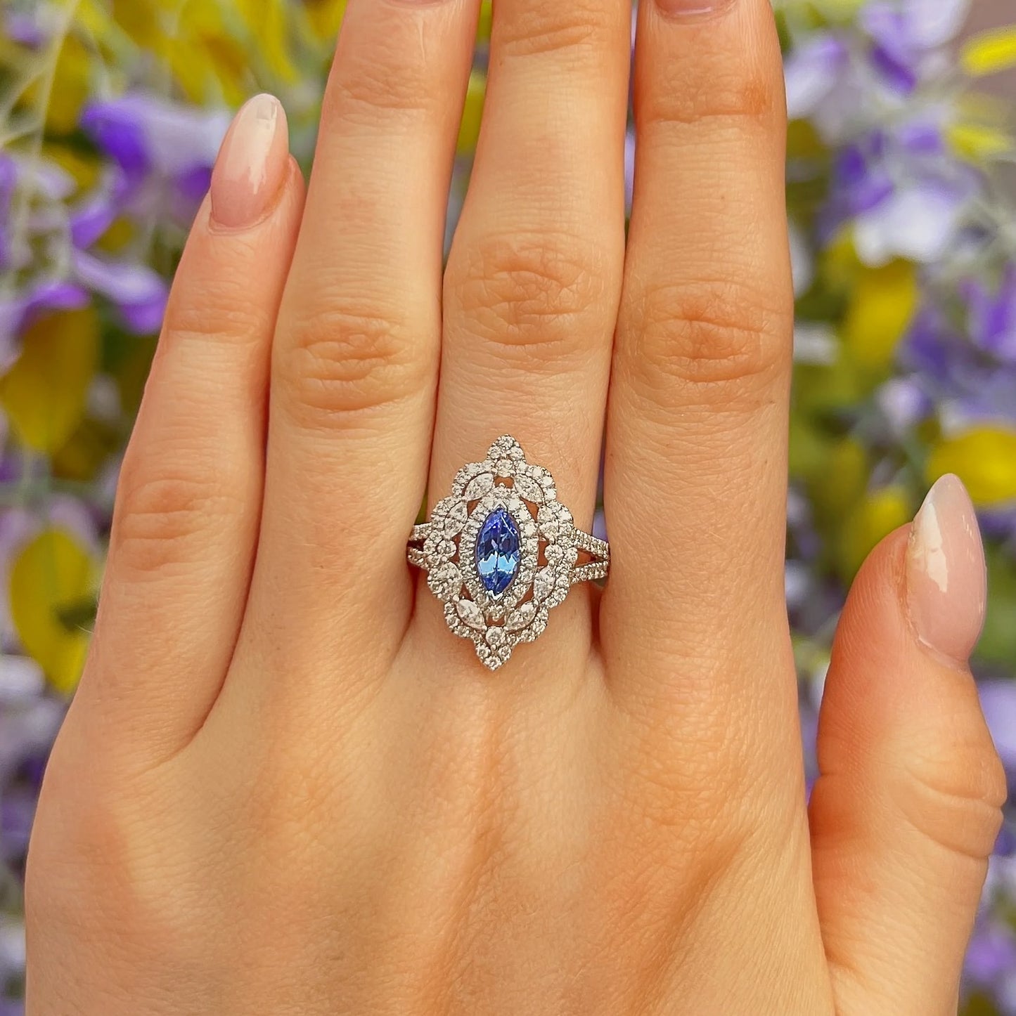 The 'Victoria' Ring - Sparkling 18ct White Gold Marquise Tanzanite and Diamond Size O