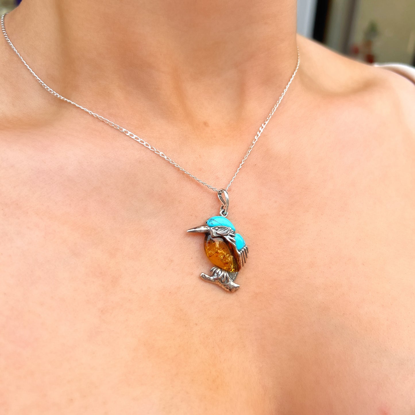 Sterling Silver Orange Amber & Blue Turquoise Bird Design Necklace