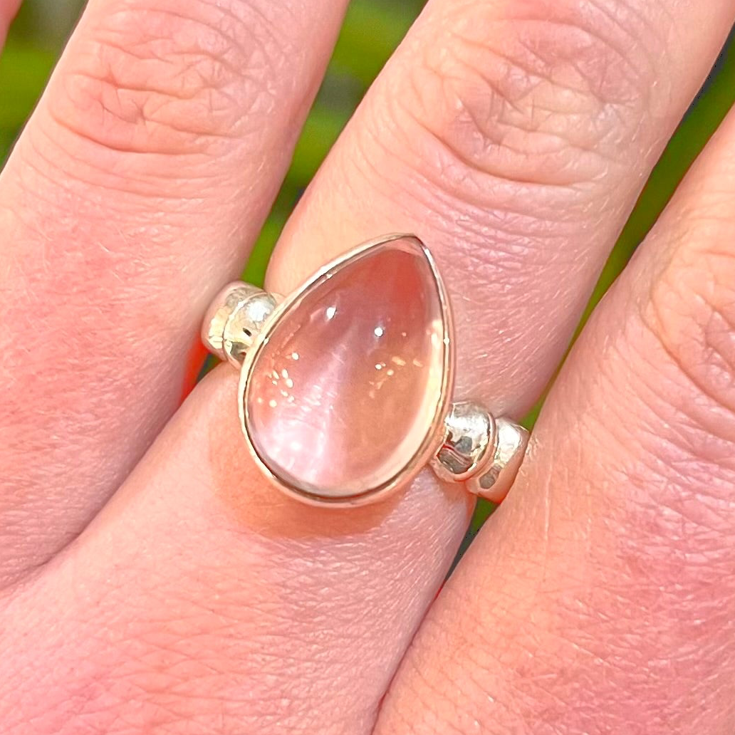 Pink Rose Quartz Sterling Silver Pear Cut Ring - Size O