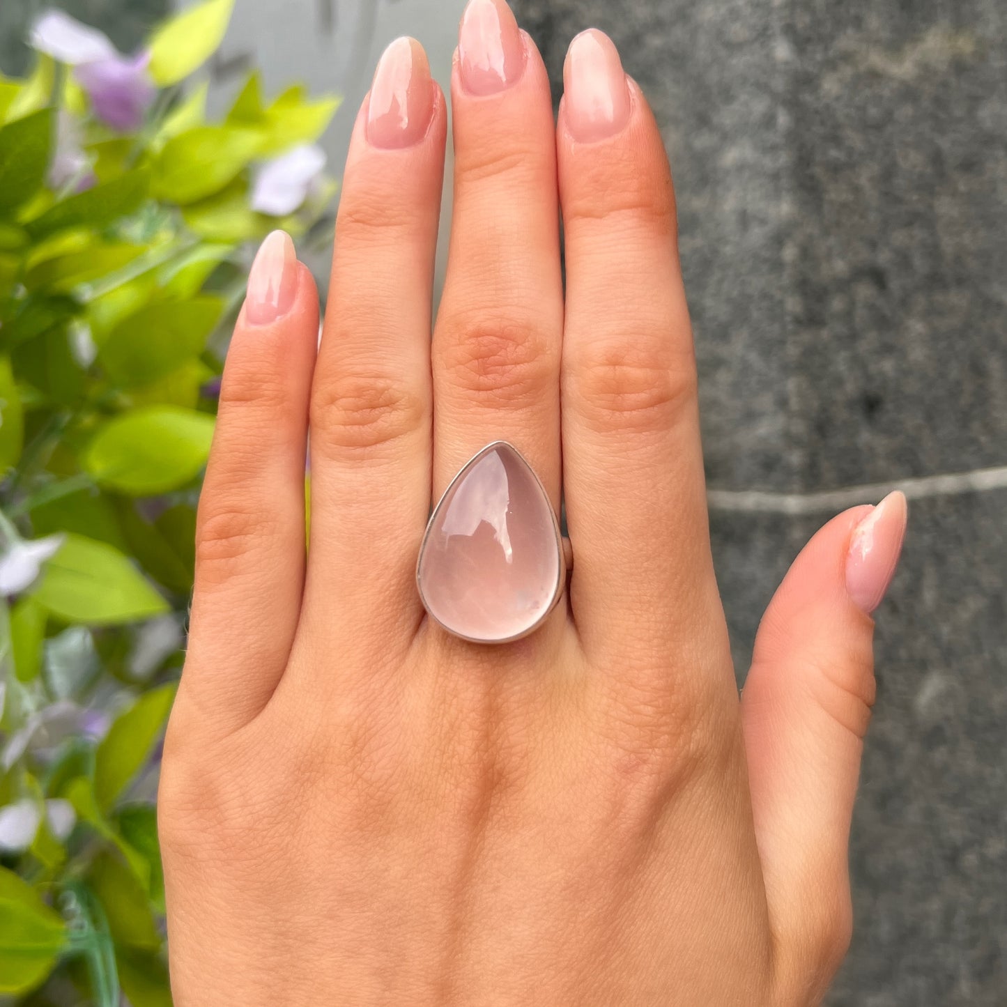 Chunky Sterling Silver Pear Cut Cabochon Pink Rose Quartz Ring - Size P