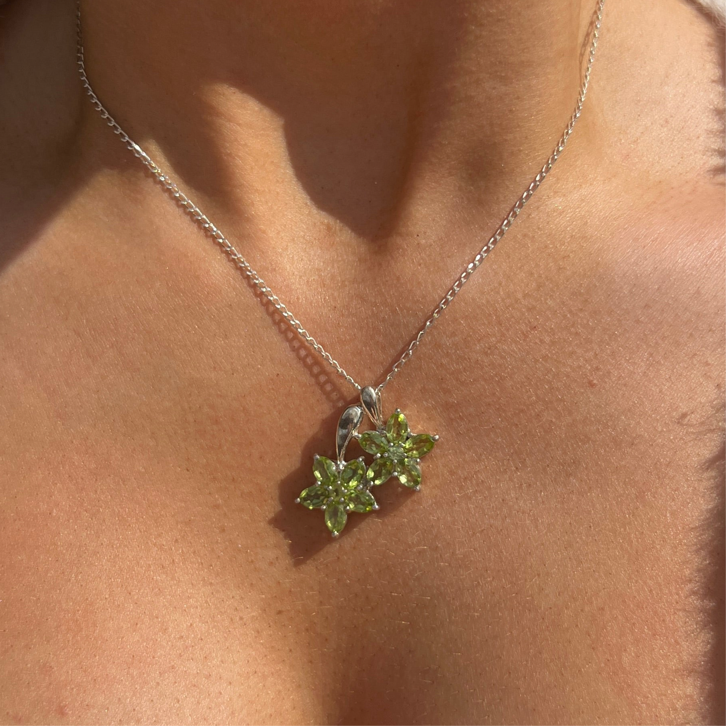 Sterling Silver Green Peridot Flower Necklace