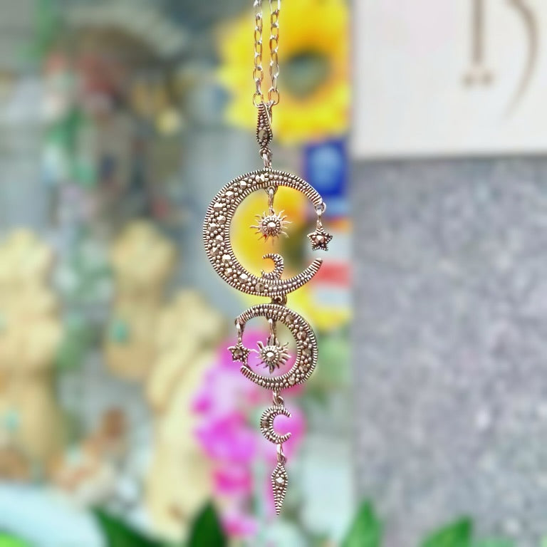 Celestial Moon and Stars Marcasite Sterling Silver Necklace