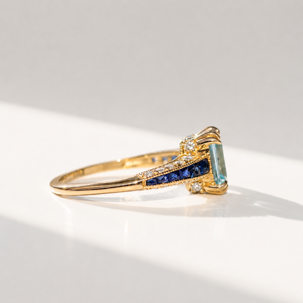 Blue Topaz Sapphire and Diamond 9ct Yellow Gold Engagement Ring | Size M ½