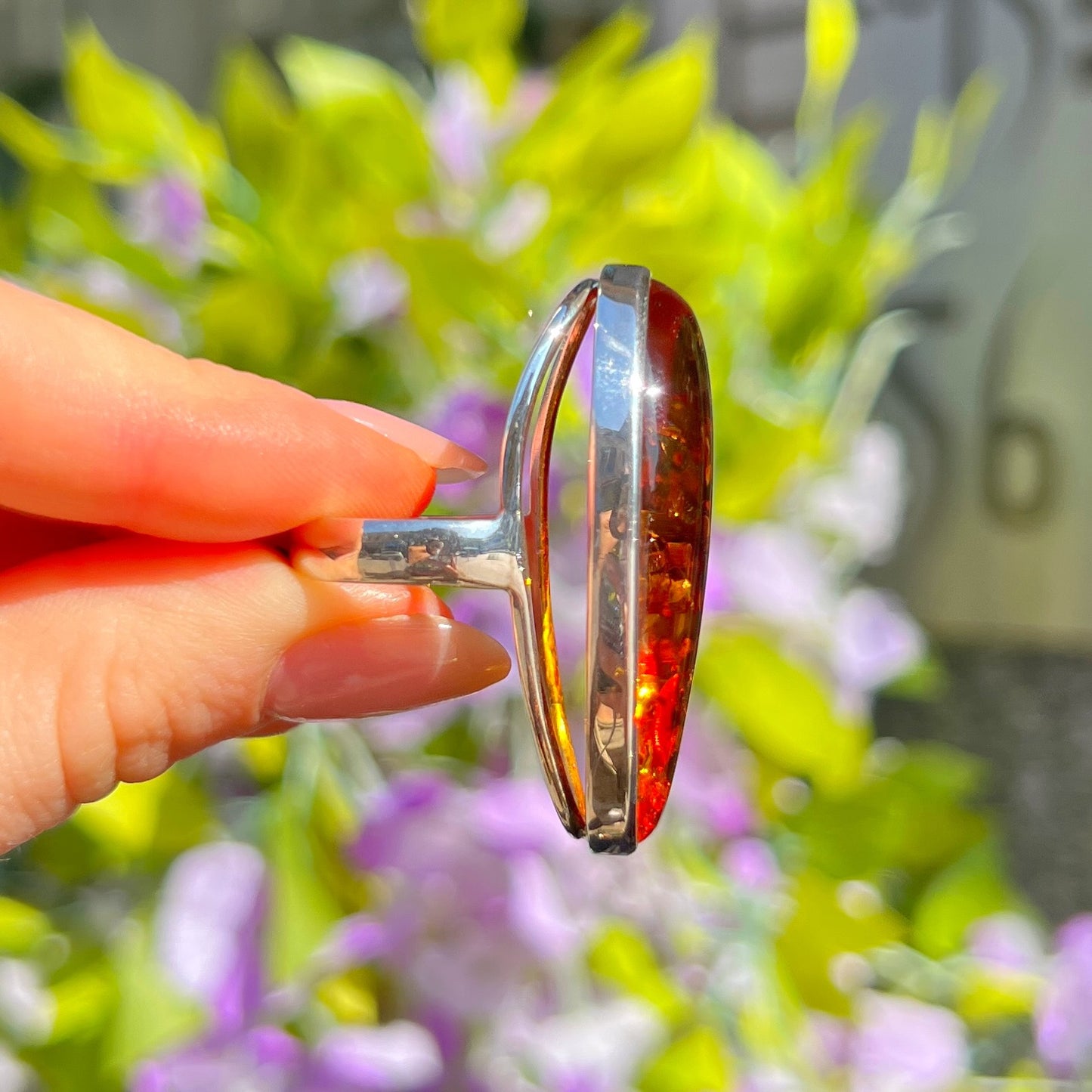 Super Chunky Sterling Silver Orange Amber Ring - Size U