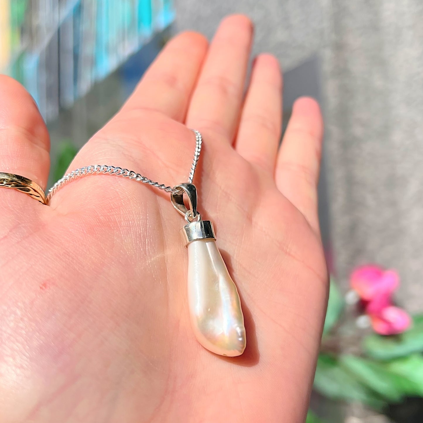 Unusual Sterling Silver Irregular Shaped Pearl Drop Pendant