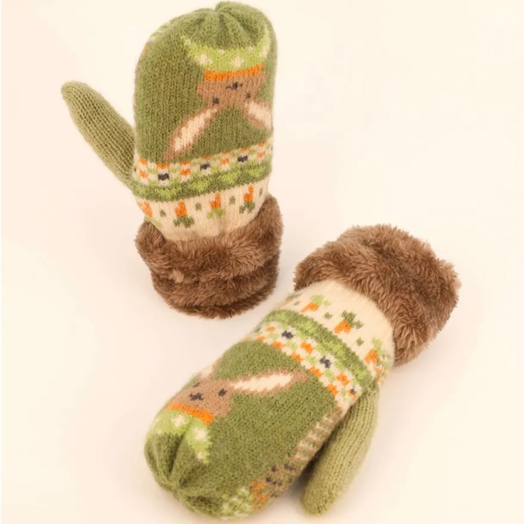 Kids Cosy Faux Fur Lined Bunny Rabbit Knitted Mittens - Khaki | Powder Accessories