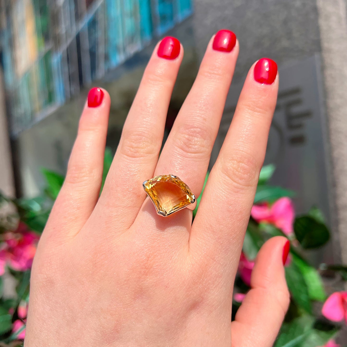 Sterling Silver Abstract Pear Shaped Citrine Cocktail Ring - Size N ½