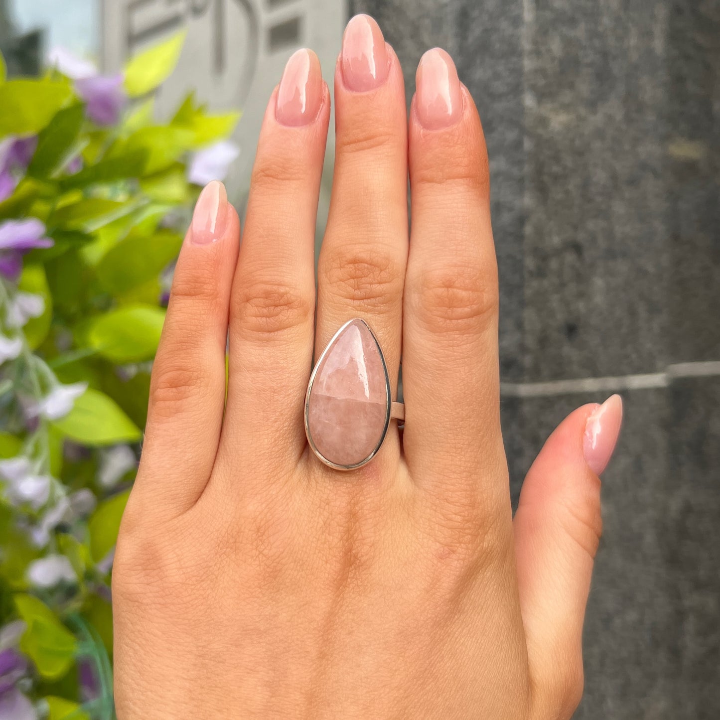 Sterling Silver Pear Cut Pink Rose Quartz Ring - Adjustable Size