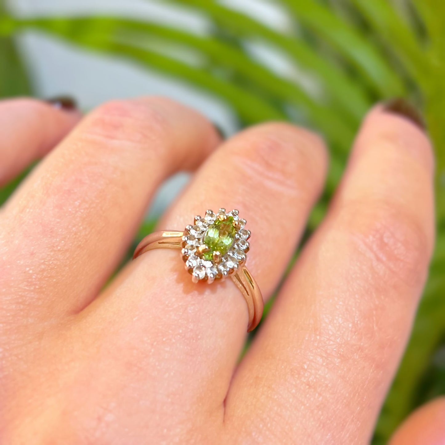 RESERVED | Vintage 9ct Yellow Gold Marquise Peridot and White Topaz Cluster Ring - Size N