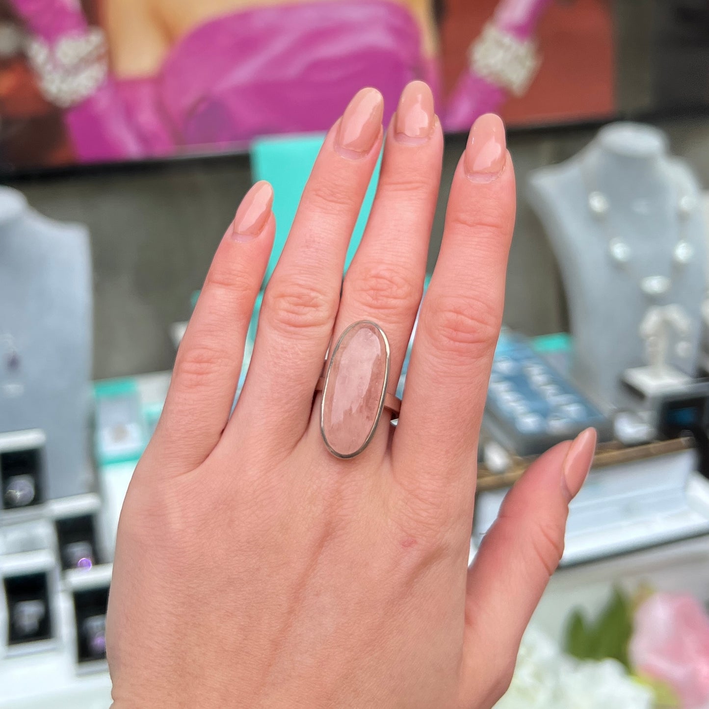 Large Sterling Silver Oval Cut Pink Pink Rose Quartz Ring - Adjustable Size