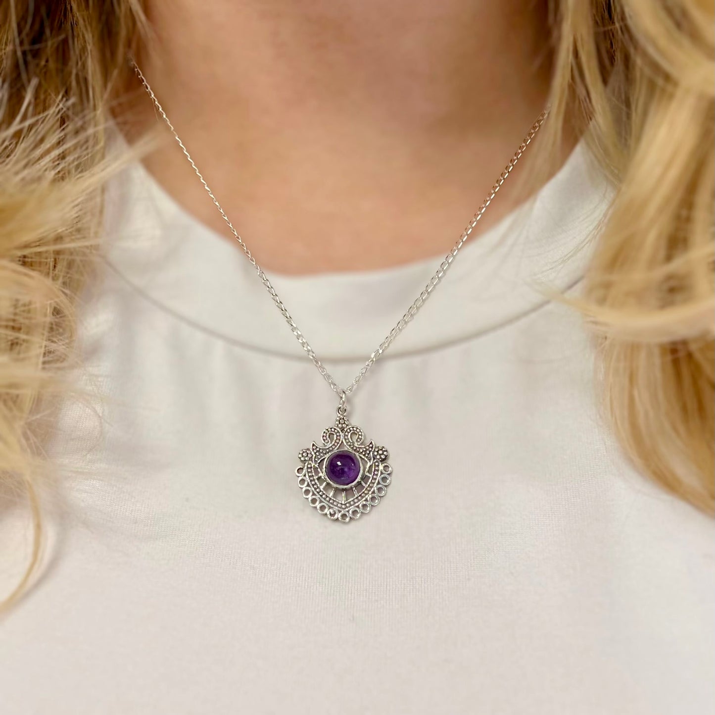 Ornate Sterling Silver Filigree Amethyst Necklace