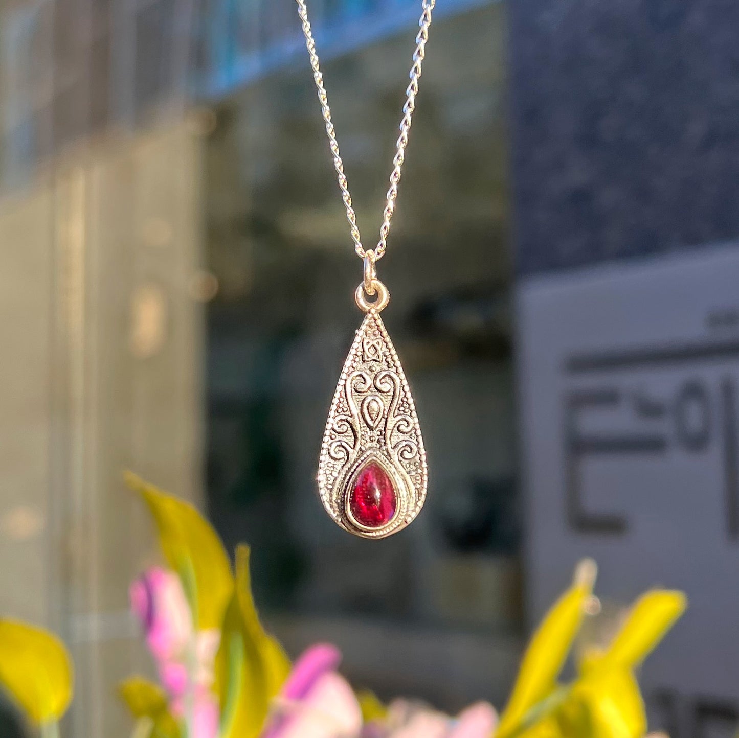 Boho Inspired Pear Shaped Sterling Silver Red Garnet Shield Necklace