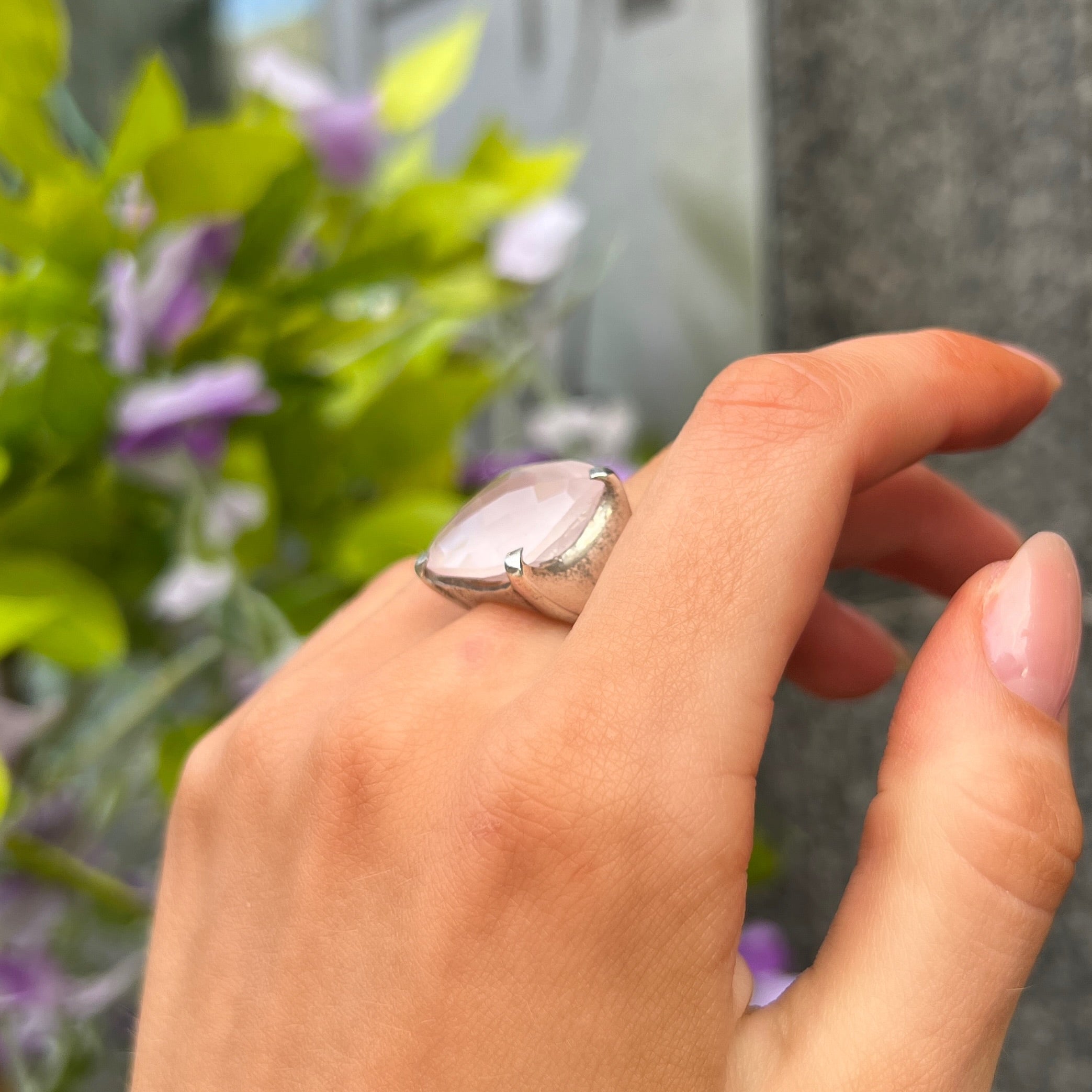 Checkerboard Cut Cabochon Rose Quartz Sterling Silver Chunky Ring | Size H
