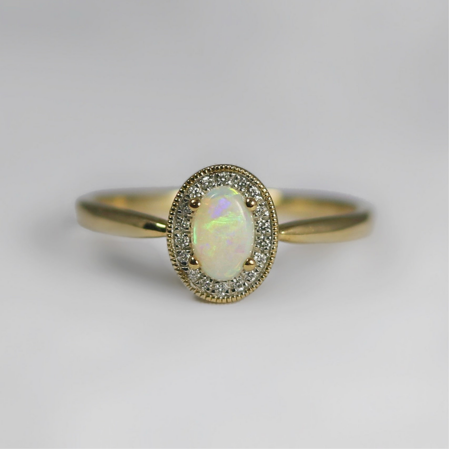 Sweet Feminine 9ct Yellow Gold Oval Opal and Diamond Halo Ring - Size O