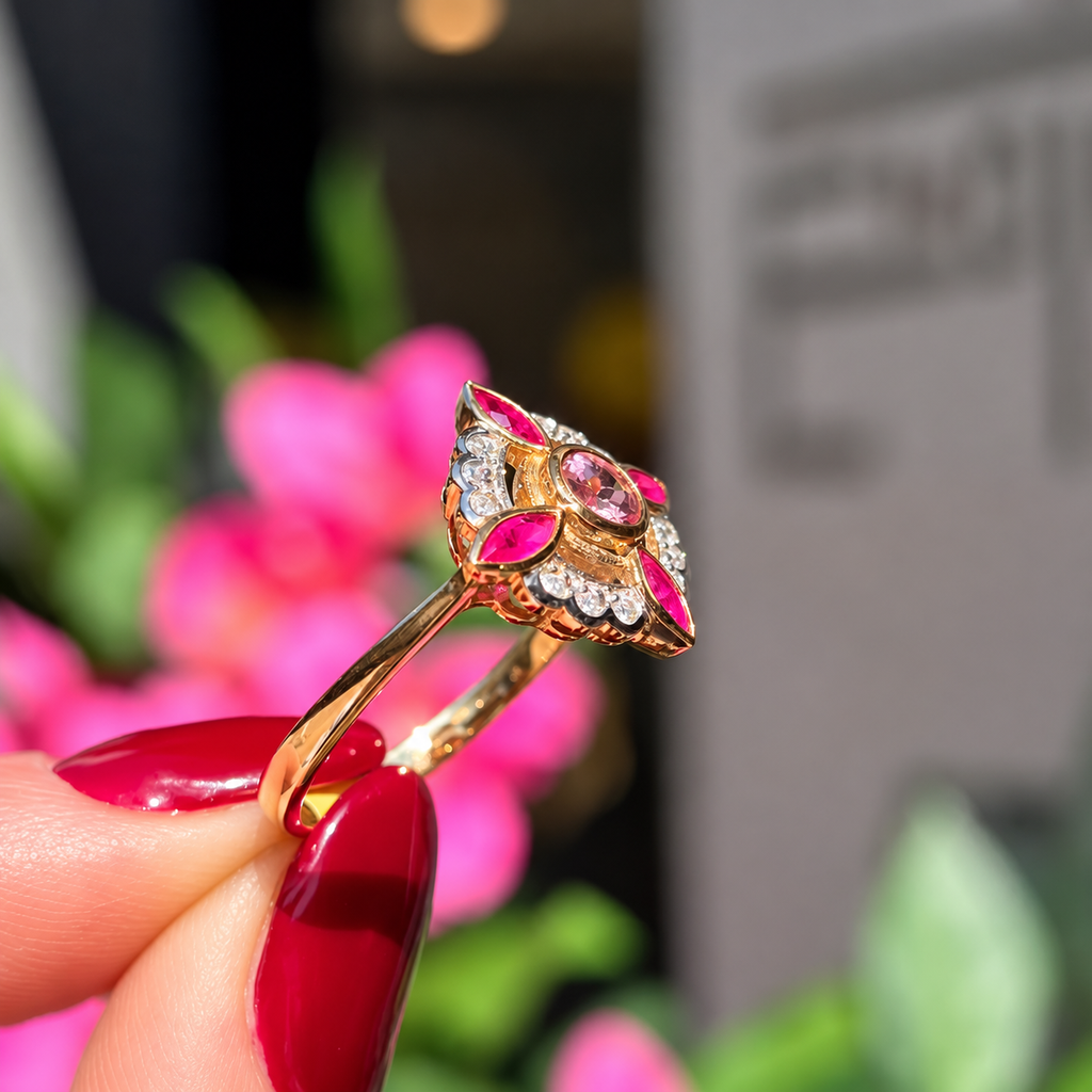 Edwardian Reproduction Pink Tourmaline, Ruby and Diamond 9ct Yellow Gold Ring | Size O
