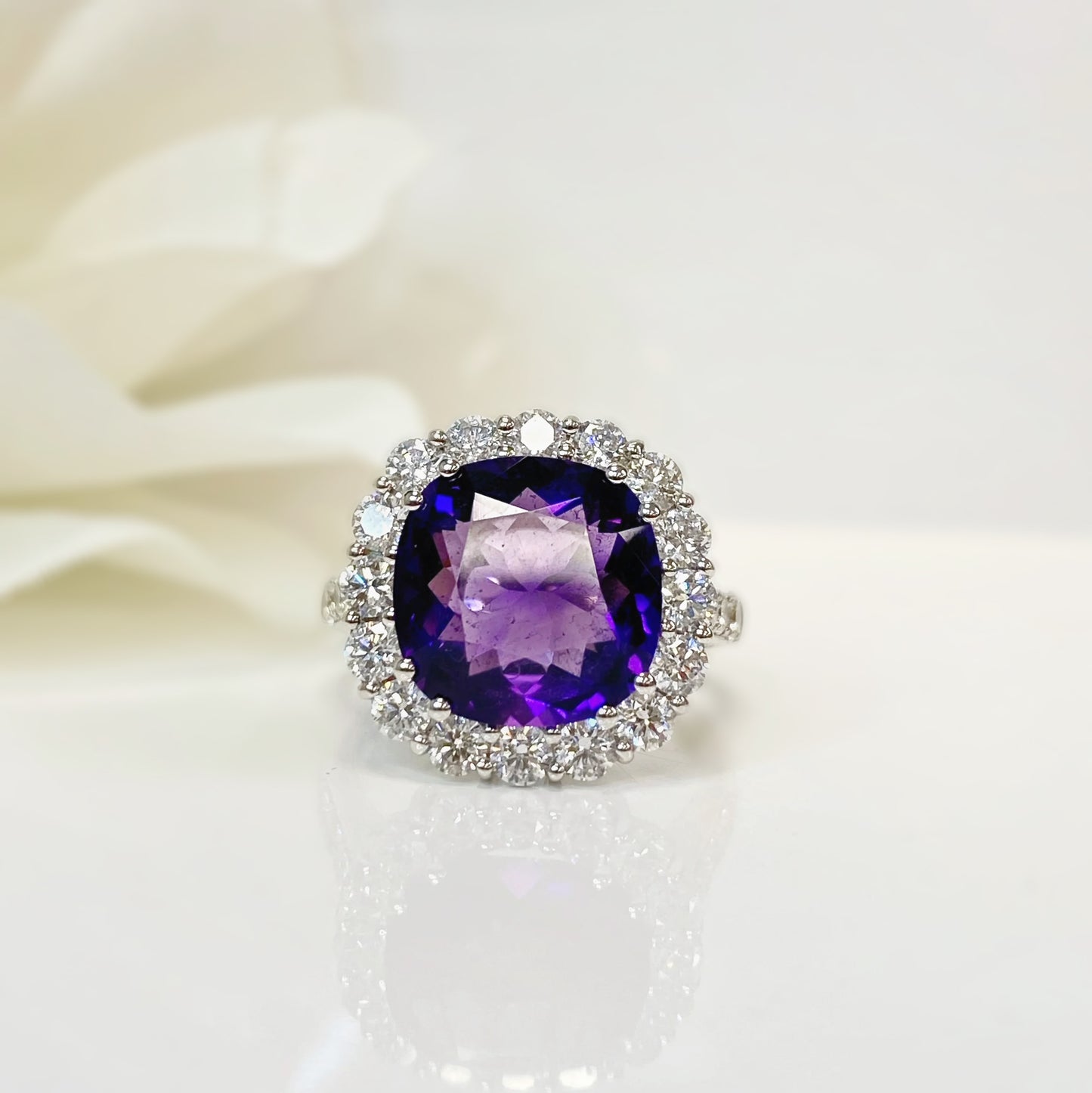 'Elizabeth' Ring - Spectacular 18ct White Gold Amethyst and Diamond Statement Dress Ring – Size N 1/2