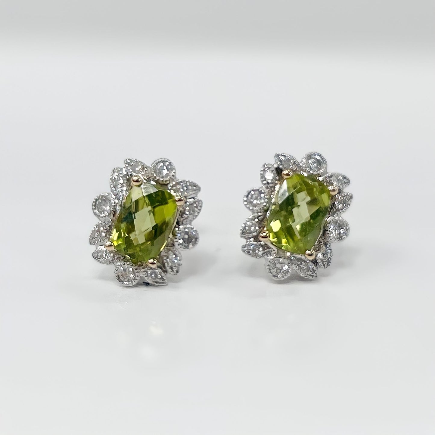 9ct White Gold Peridot and Diamond Cluster Earrings