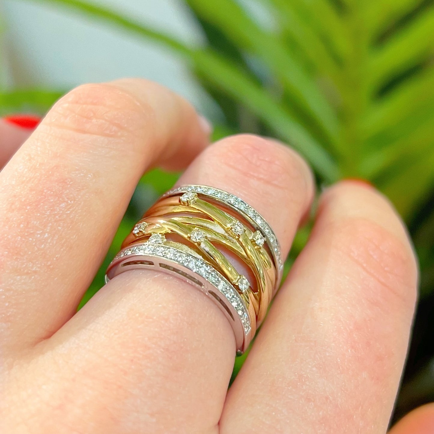 Unusual 9ct Gold Two Tone Wide Diamond Band Ring - Size O