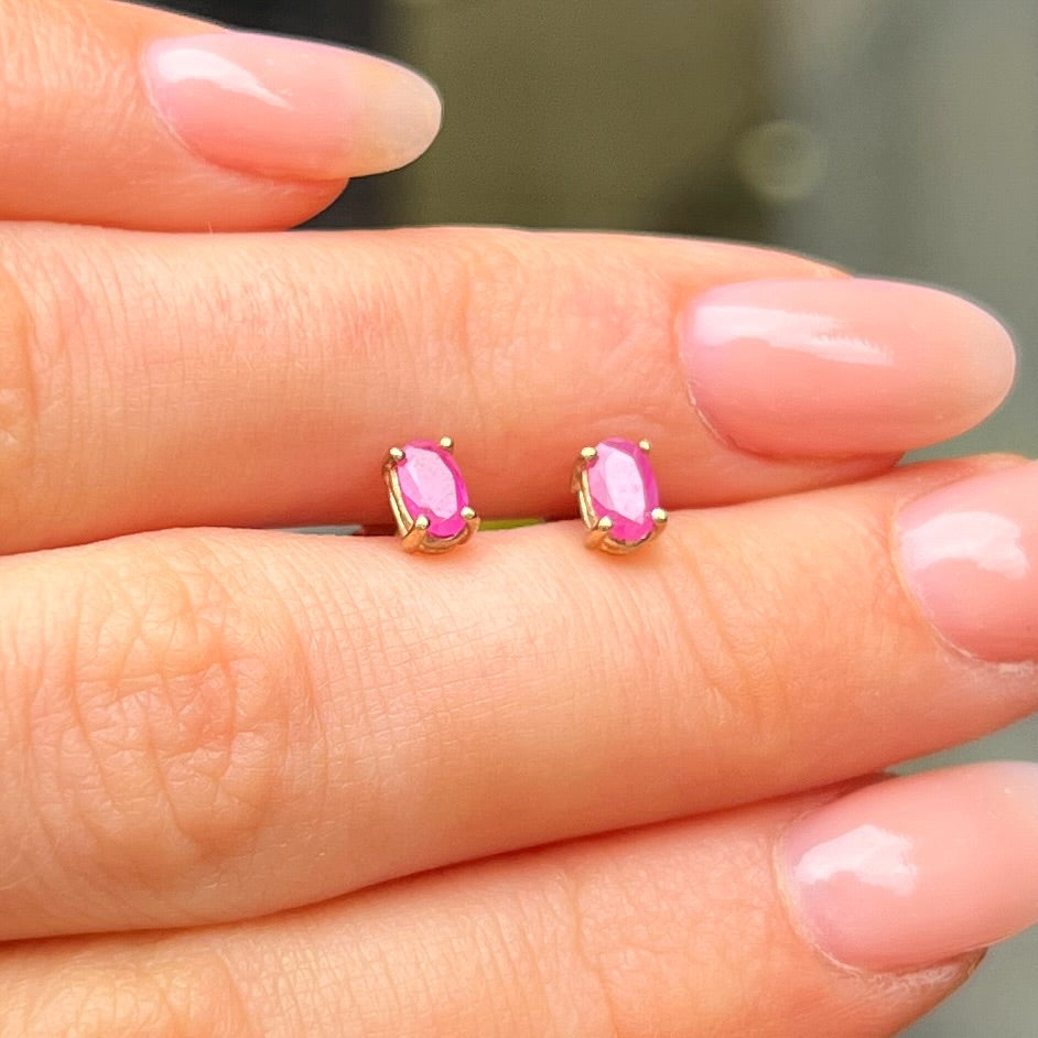 Pink Ruby Oval Cut 9ct Yellow Gold Dainty Stud Earrings