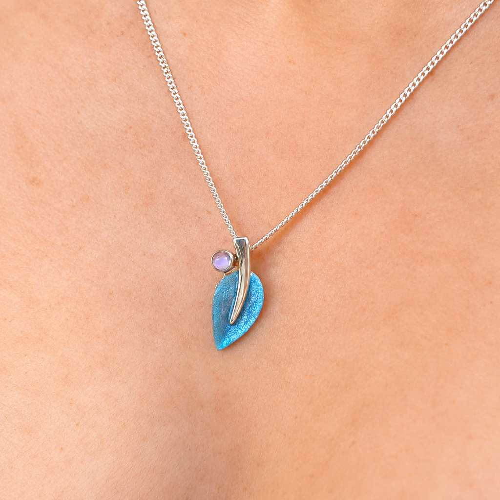 Sterling Silver Sheila Fleet Blue Enamel Small Leaf Cubic Zirconia Necklace