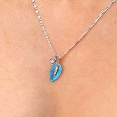 Pre-Order | Sterling Silver Sheila Fleet Blue Enamel Small Leaf Cubic Zirconia Necklace