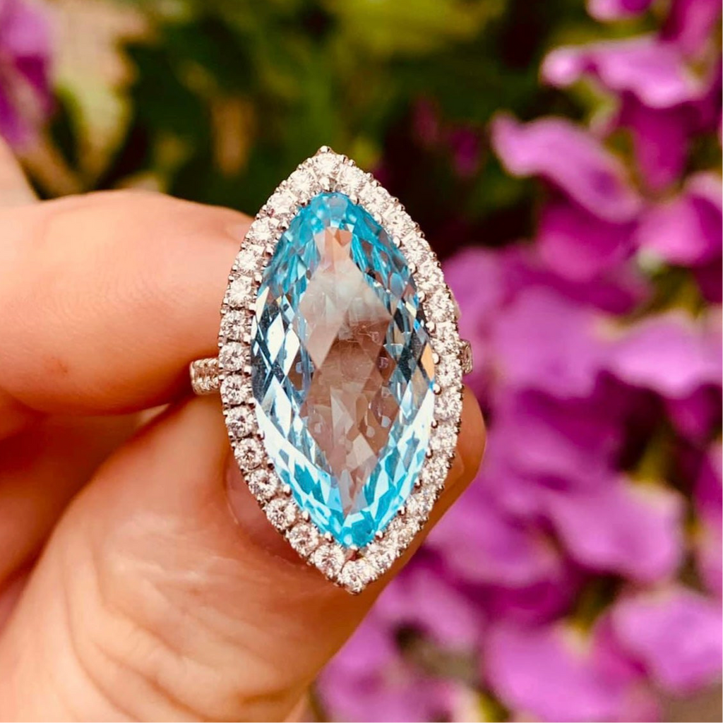 Marquise Cut Blue Topaz & Diamond 18ct White Gold Cocktail Ring | Size M