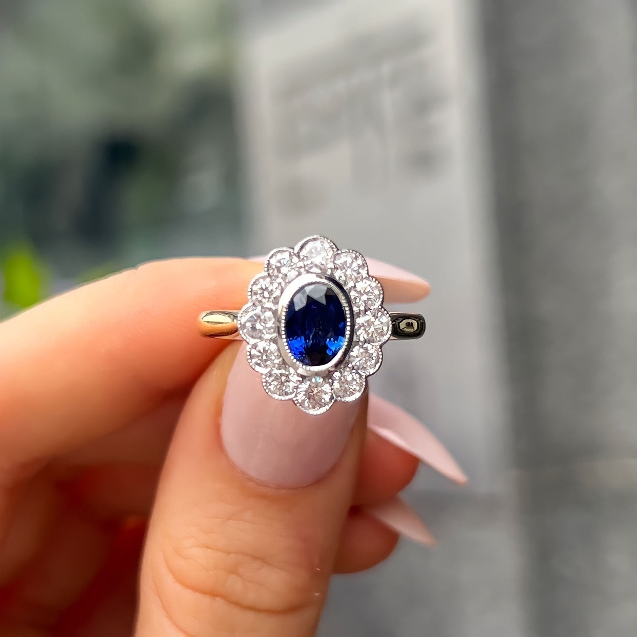 Ceylon Sapphire and Diamond 18ct Yellow Gold Cluster Ring | Size M ½