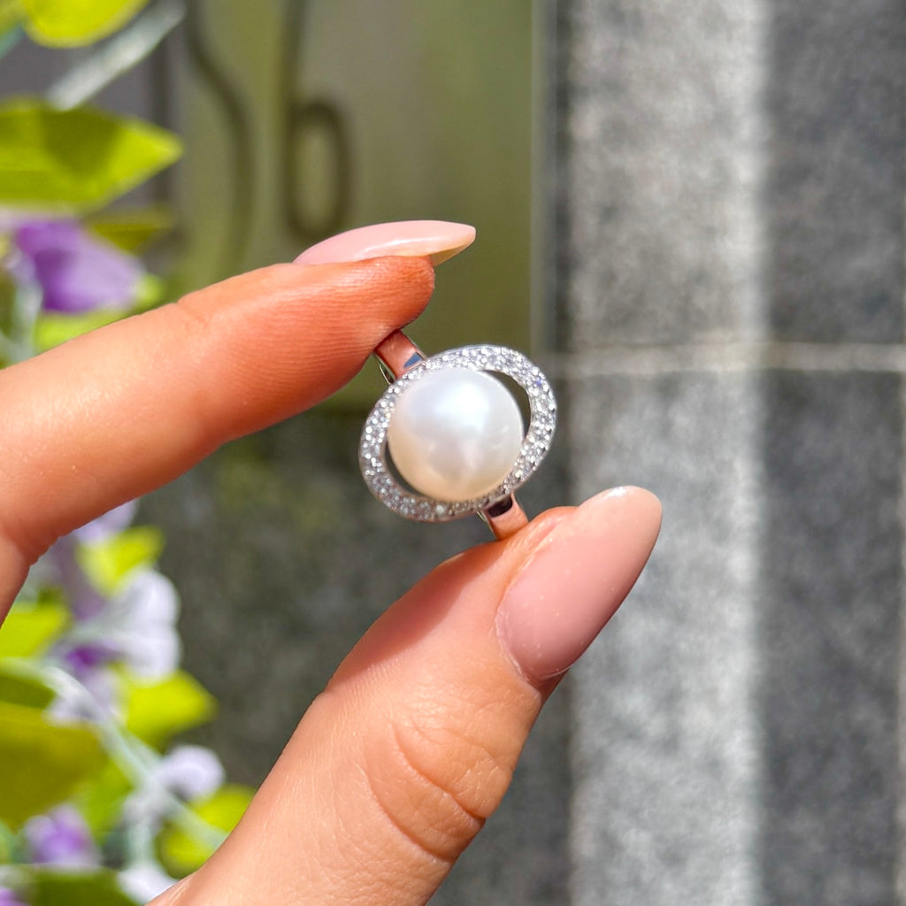 Cubic Zirconia and Pearl Sterling Silver Swirl Ring | Size M ½