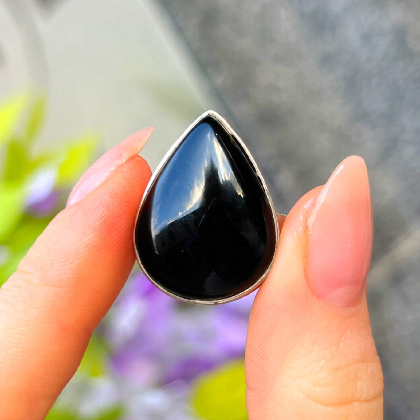 Sterling Silver Pear Cut Black Onyx Ring - Size P