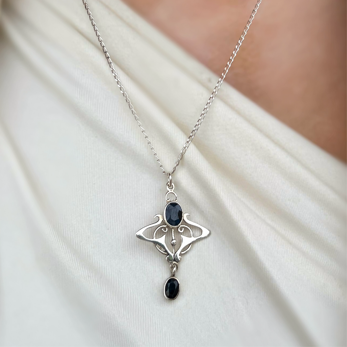 Blue Sapphire Sterling Silver Art Nouveau Pendant & Chain