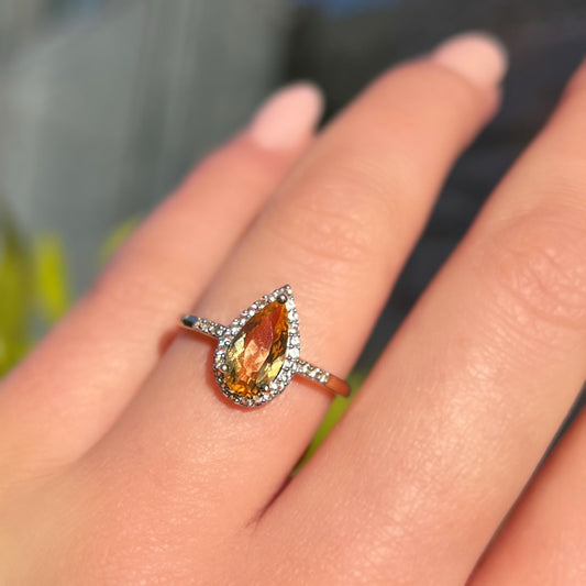 'Belle' Ring - 9ct Yellow Gold Citrine and Diamond Pear Halo Size N